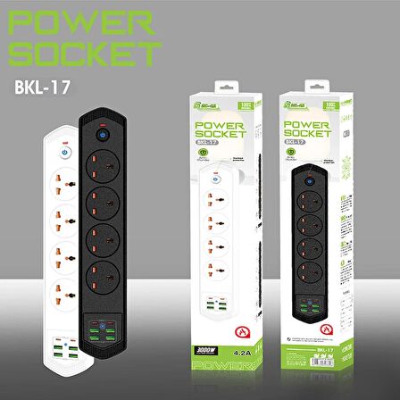 QASUL 6 Usb'li 4'lü Çoklu Priz 2 M Kablolu Akım Korumalı Anahtarlı Uzatma Grup Priz 3000W 2 typec