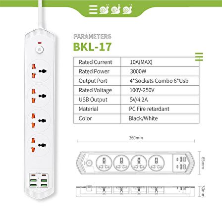 QASUL 6 Usb'li 4'lü Çoklu Priz 2 M Kablolu Akım Korumalı Anahtarlı Uzatma Grup Priz 3000W 2 typec