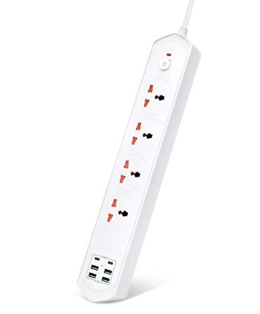 QASUL 6 Usb'li 4'lü Çoklu Priz 2 M Kablolu Akım Korumalı Anahtarlı Uzatma Grup Priz 3000W 2 typec