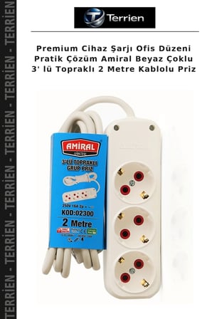 Premium Cihaz Şarjı Ofis Düzeni Pratik Çözüm Amiral Beyaz Çoklu 3' lü Topraklı 2 Metre Kablolu Priz