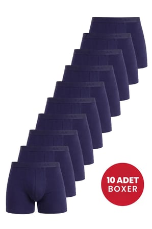 Delux Serisi Erkek Lacivert Boxer 10'lu Paket Pamuklu Likralı Düz Desen Normal Bel Slim Kalıp