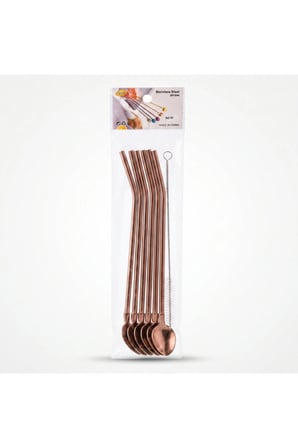 4 Adet Kaşıklı Pipet Seti – Bronz Renkli Paslanmaz Çelik Kaşık Uçlu Pipet, Metal Straw, Reusable Straw