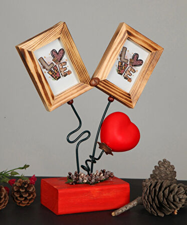 AHŞAP ÇERÇEVE İKİLİ KALPLİ IŞIKLI 6X9 CM
