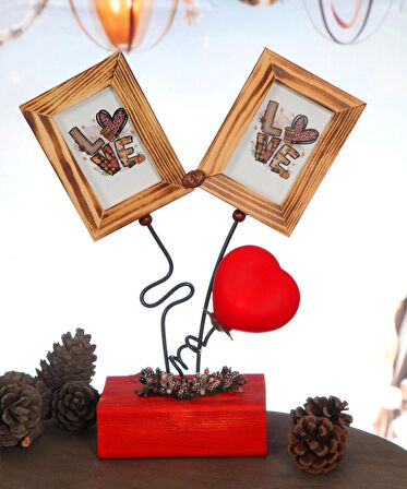 AHŞAP ÇERÇEVE İKİLİ KALPLİ IŞIKLI 6X9 CM