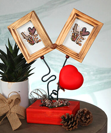 AHŞAP ÇERÇEVE İKİLİ KALPLİ IŞIKLI 6X9 CM