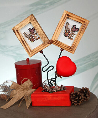 AHŞAP ÇERÇEVE İKİLİ KALPLİ IŞIKLI 6X9 CM