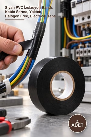 4 Adet Elektrik İzole Bant – Siyah PVC İzolasyon Bandı, Kablo Sarma, Yalıtım, Halogen Free, Electrical Tape