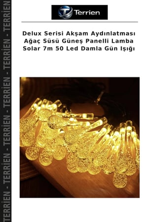 Delux Serisi Akşam Aydınlatması Ağaç Süsü Güneş Panelli Lamba Solar 7m 50 Led Damla Gün Işığı