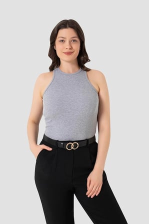Kombin Parçası Yazlık Bluz Tekstil Ürün Kadın Pamuklu Fitilli Görünümlü Halter Yaka Basic Gri Atlet