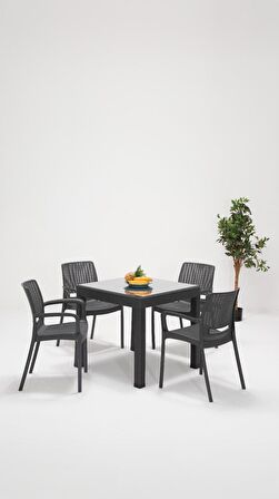 Rattan Camlı Lüx 80x80 Bahçe&Balkon&Teras Masa Seti - Antrasit
