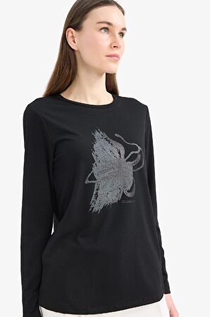 DeFacto Regular Fit Bisiklet Yaka Sim Baskılı Uzun Kollu Tişört E7123AX25SMBK81