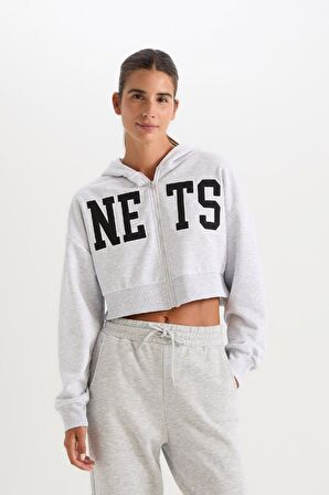DeFactoFit NBA Brooklyn Nets Crop Kalın Fermuarlı Sweatshirt D2362AX24AUGR379