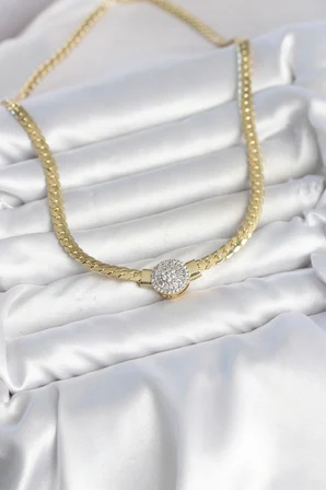 Ezme Zincir Model Zirkon Taşlı VIP Seri Gold Renk Kadın Kolye -