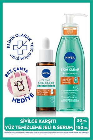 NIVEA Sivilce Karşıtı Derma Skin Clear Cilt Bakım Seti, Yüz Temizleme Jeli 150ml ve Dengeleyici Serum 30ml, Bez Çanta Hediye