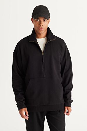 Erkek Siyah Oversize Bol Kesim Içi Polarlı Iplik Bato Yaka Pamuklu Sweatshirt