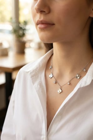 Pirinç Gümüş Renk Zirkon Taşlı Yonca Model Kadın Kolye