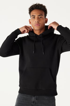 Erkek Siyah Standart Fit Normal Kesim Içi Polarlı 3 Iplik Kapüşonlu Pamuklu Sweatshirt