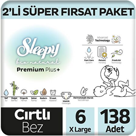 Sleepy Bio Natural Premium Plus 2'li Süper Fırsat Paketi Bebek Bezi 6 Numara Xlarge 138 Adet