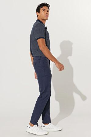 Erkek Lacivert Comfort Fit Rahat Kesim Pamuklu Diyagonal Desenli Esnek Pantolon