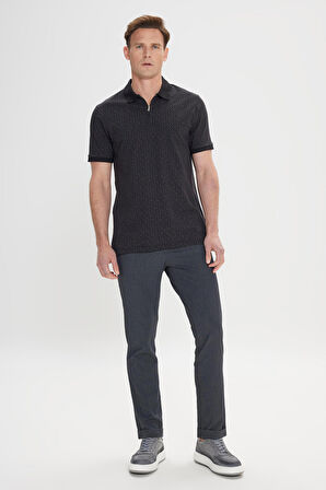 Erkek Siyah Slim Fit Dar Kesim Fermuarlı Yaka %100 Pamuk Baskılı Tişört