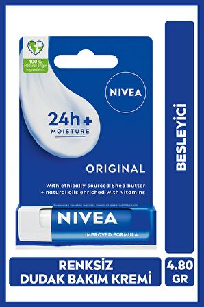 Nivea Original Care Renksiz Dudak Bakım Kremi 4.8gr, 24 Saat Nemlendirici, Besleyici, Shea Yağı