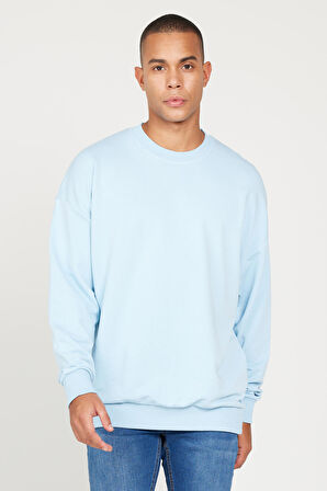 Erkek Açık Mavi Oversize Bol Kesim 3 Iplik Bisiklet Yaka Pamuklu Sweatshirt