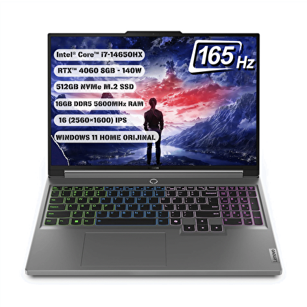 Lenovo Legion 5 16IRX9 - Intel i7-14650HX - 16" WQXGA (2560x1600) - 16GB Ram- 512GB SSD – RTX 4060– Win11H – Q US İngilizce Klavye – 1Yıl Garanti