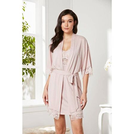 Pierre Cardin Dantelli Penye Gecelik Sabahlık Takımı Pudra