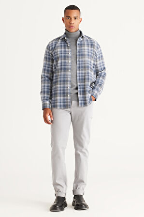 Erkek Mavi-Beyaz Slim Fit Dar Kesim Düğmeli Yaka Pamuklu Ekose Desenli Flanel Oduncu Gömlek