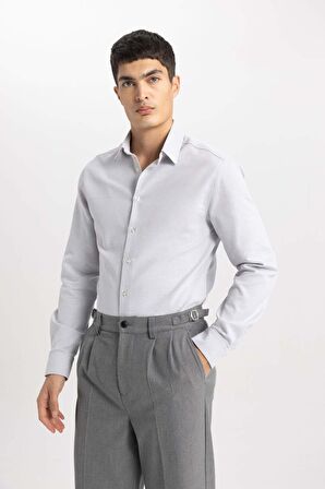 DeFacto Slim Fit Dar Kesim Polo Yaka Petek Dokulu Uzun Kollu Gömlek B6476AX24SPGR221