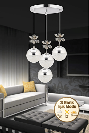 Nova Lighting Kelebek 4'lü Gümüş Sarkıt 3 Renk Kademeli Ledli Kristal Taşlı Modern Led Avize