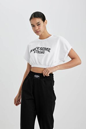 DeFactoFit Crop Bisiklet Yaka Baskılı Sporcu Kısa Kollu Tişört A2423AX24SPWT34