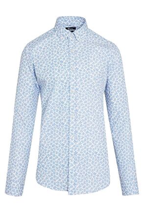 Mavi Baskılı Slim Fit Spor Gömlek | S