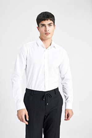 DeFacto %100 Pamuk Slim Fit Dar Kesim İtalyan Yaka Non Iron Ütü Gerektirmeyen Uzun Kollu Beyaz Gömlek A7803AX24SPWT32