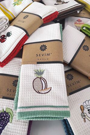 Sevim 2’li Mutfak Havlusu Seti - Mint Yeşili Ananas Nakışlı Pamuk Kurulama Bezi - 40x60 Cm