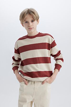 DeFacto Erkek Çocuk Oversize Geniş Kalıp Bisiklet Yaka Çizgili Sweatshirt D5677A824WNER37