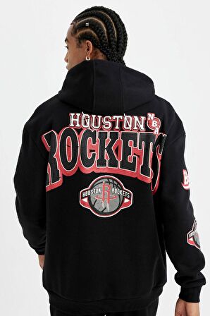 DeFactoFit NBA Houston Rockets Comfort Fit Kapüşonlu Sırt Baskılı Kalın Sweatshirt C9276AX24AUBK81
