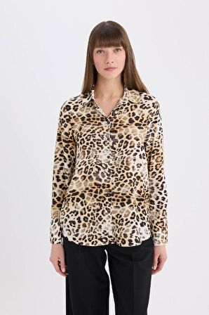 Regular Fit Leopar Desenli Uzun Kollu Gömlek