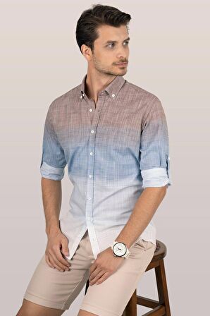 Panolu Kahve Mavi Geçişli Slimfit Keten Gömlek