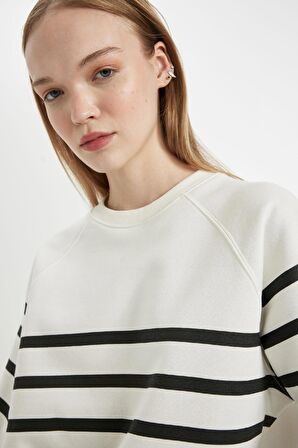 DeFacto Coool Oversize Geniş Kalıp Bisiklet Yaka Çizgili Kalın Sweatshirt C8193AX24WNWT32