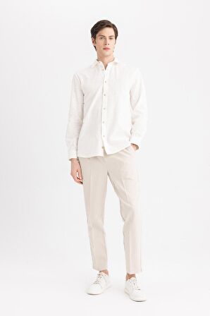 DeFacto Regular Fit Polo Yaka Uzun Kollu Pamuklu Keten Görünümlü Beyaz Gömlek B4129AX24SPWT32