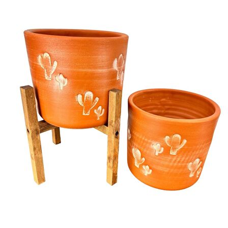 Ev Dekorasyon Aksesuar Kaktüs Desenli Toprak Saksı Saksılık Salon Çiçeklik İkili Set Ayaksız - 4 Ayaklı- 19 CM