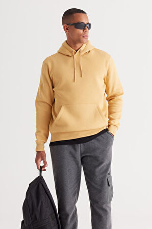 Erkek Hardal Standart Fit Içi Polarlı 3 Iplik Kapüşonlu Kanguru Cepli Pamuklu Sweatshirt