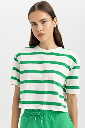 DeFacto Boxy Fit Çizgili Bisiklet Yaka Basic Kısa Kollu Tişört C6199AX24SMGN689