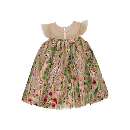 Panço Kız Çocuk Nakışlı Kumaş Detaylı Parti Elbisesi Pudra