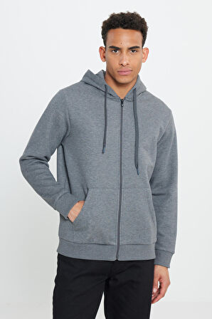 Erkek Antrasit-melanj Standart Fit Normal Kesim Kapüşonlu Fermuarlı Sweatshirt Ceket