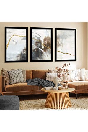 Gümüş Aynalı Pleksi Çerçeveli Arka Planlı Altın Yaprak Üçlü Mdf Tablo Seti