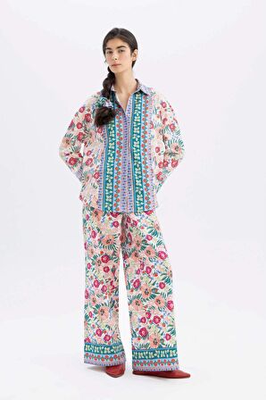 DeFacto Lug Von Siga x DeFacto Poplin Kumaş Pantolon Wide Leg Geniş Paça Desenli Normal Bel C1133AX24SMWT32