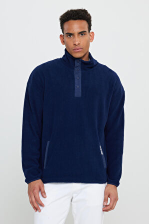 Erkek Lacivert Loose Fit Bato Yaka Desenli Polar
