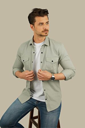 Açık Taş Rengi Slimfit Gerçek Kot Erkek Gömlek